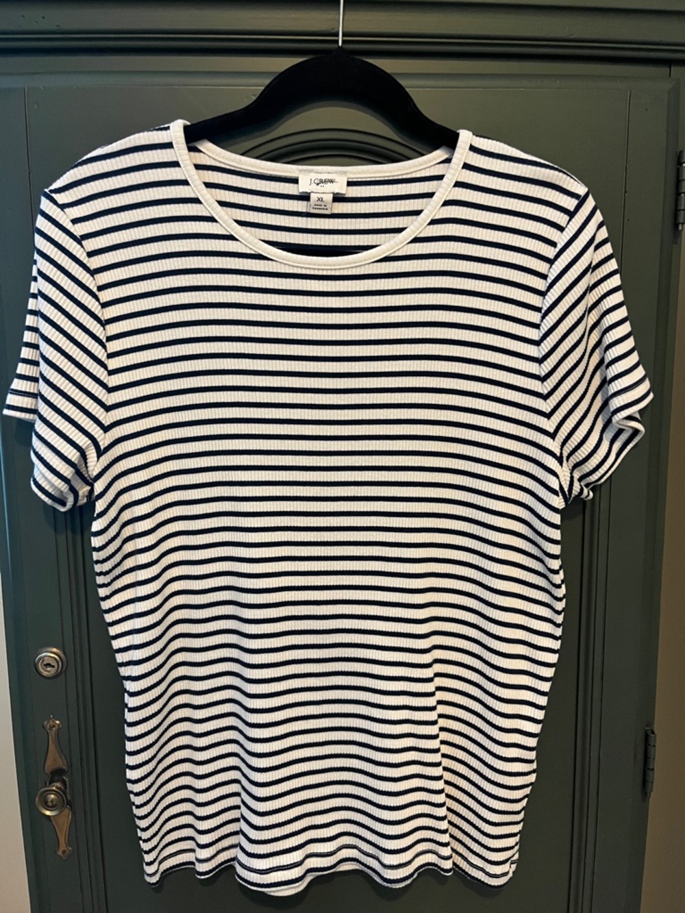 J. Crew Striped Ribbed Crewneck Tee Short Sleeve White and Navy Blue